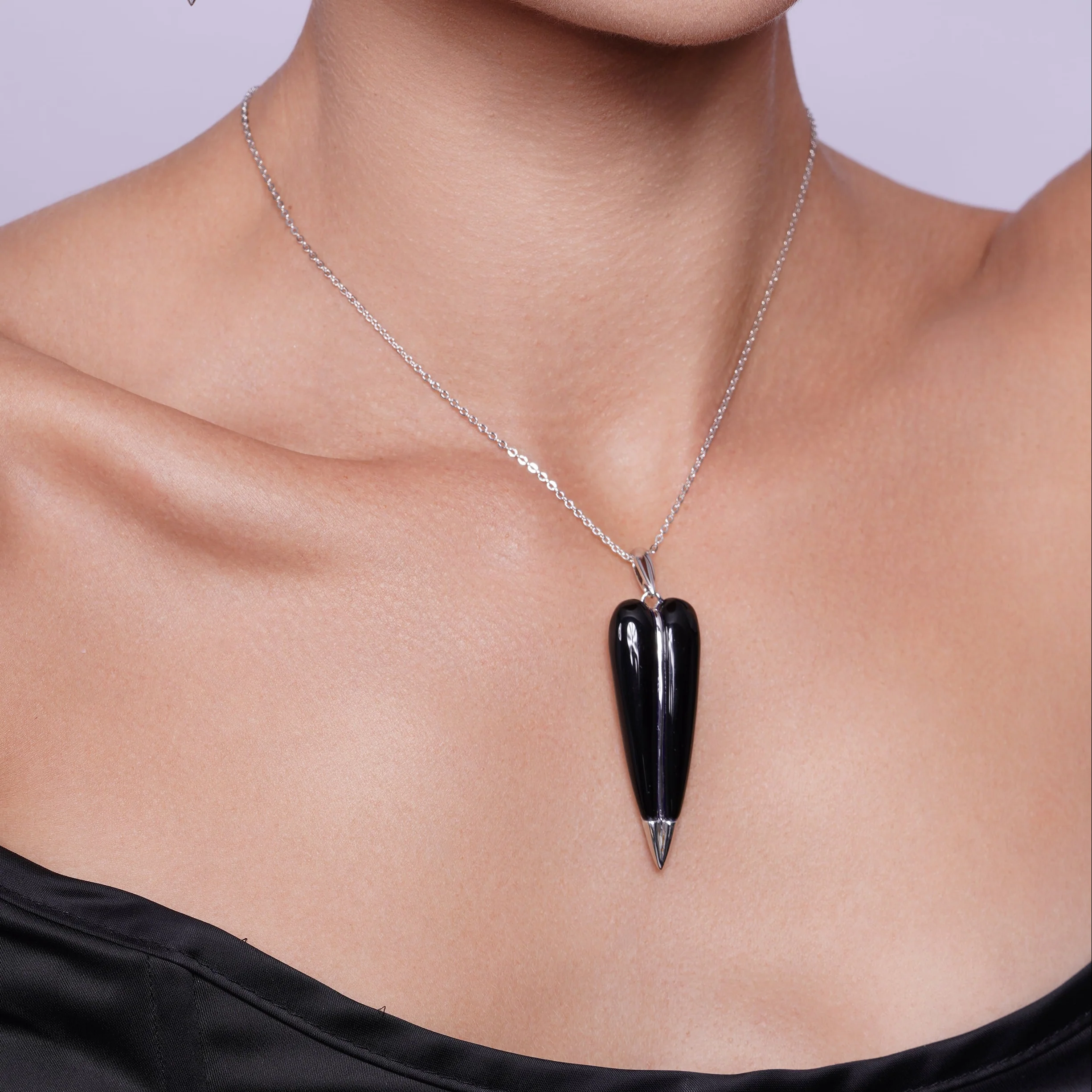 Clearance-Silver 925 Rhodium Plated Pointed Black Onyx Hook Earring and Necklace Set - BGS00133 - Image 3