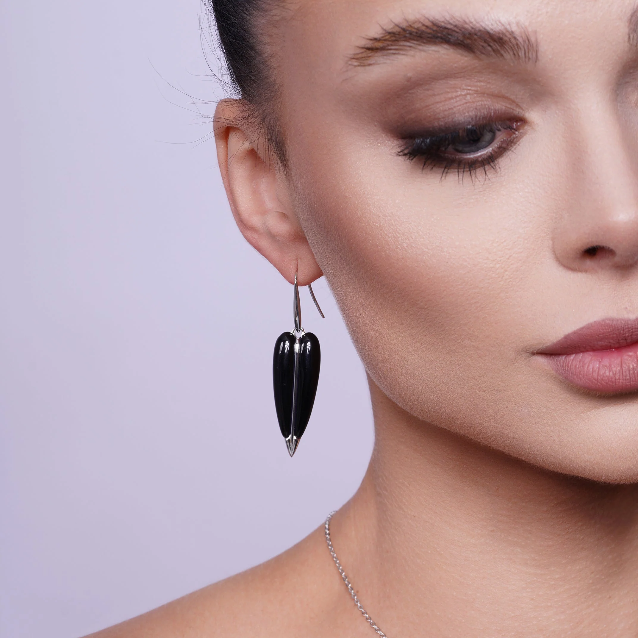 Clearance-Silver 925 Rhodium Plated Pointed Black Onyx Hook Earring and Necklace Set - BGS00133 - Image 4