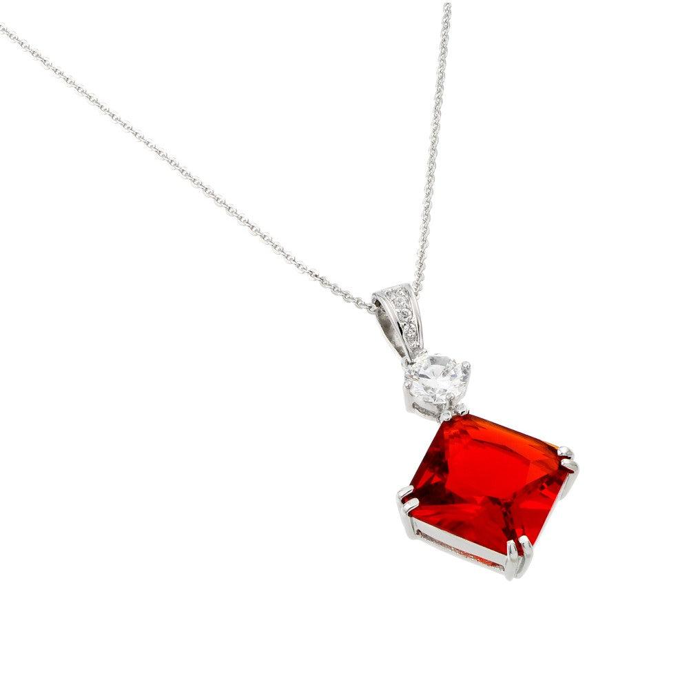 Silver 925 Rhodium Plated Red CZ Square Pendant - BGP00725