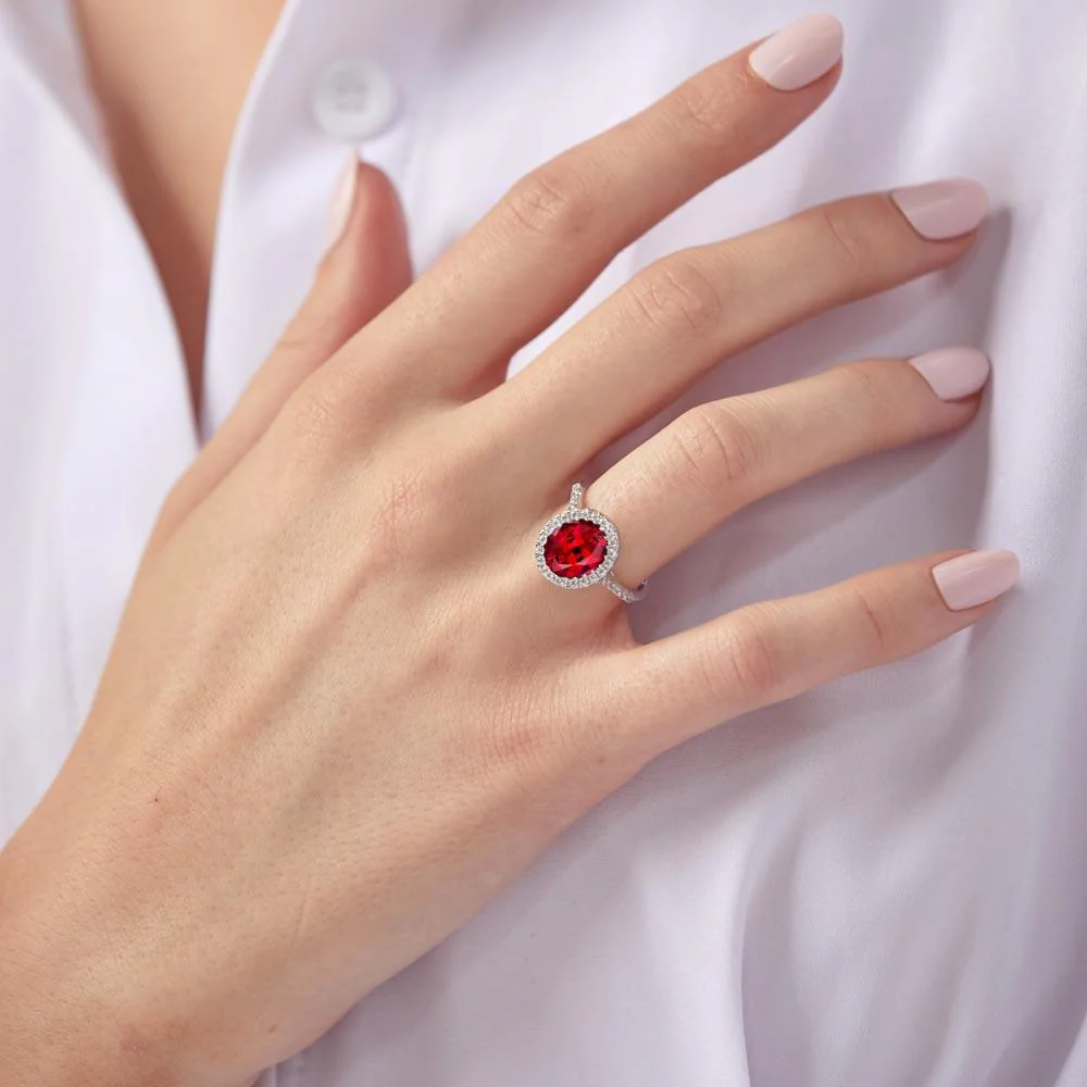 Silver 925 Rhodium Plated Red Oval Halo Ring with CZ Stones - GMR00099R - Image 2