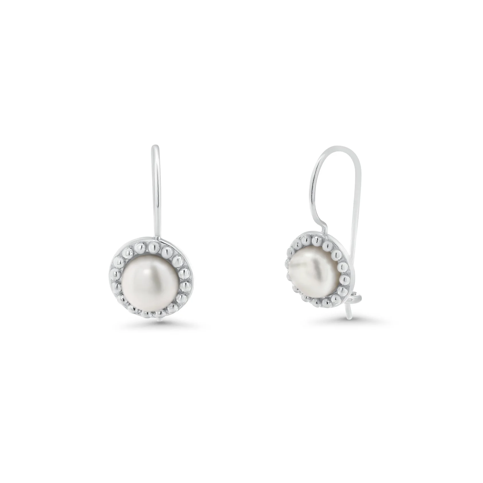 Silver 925 Rhodium Plated Round CZ Fresh Water Pearl Hook Earrings - STE00756