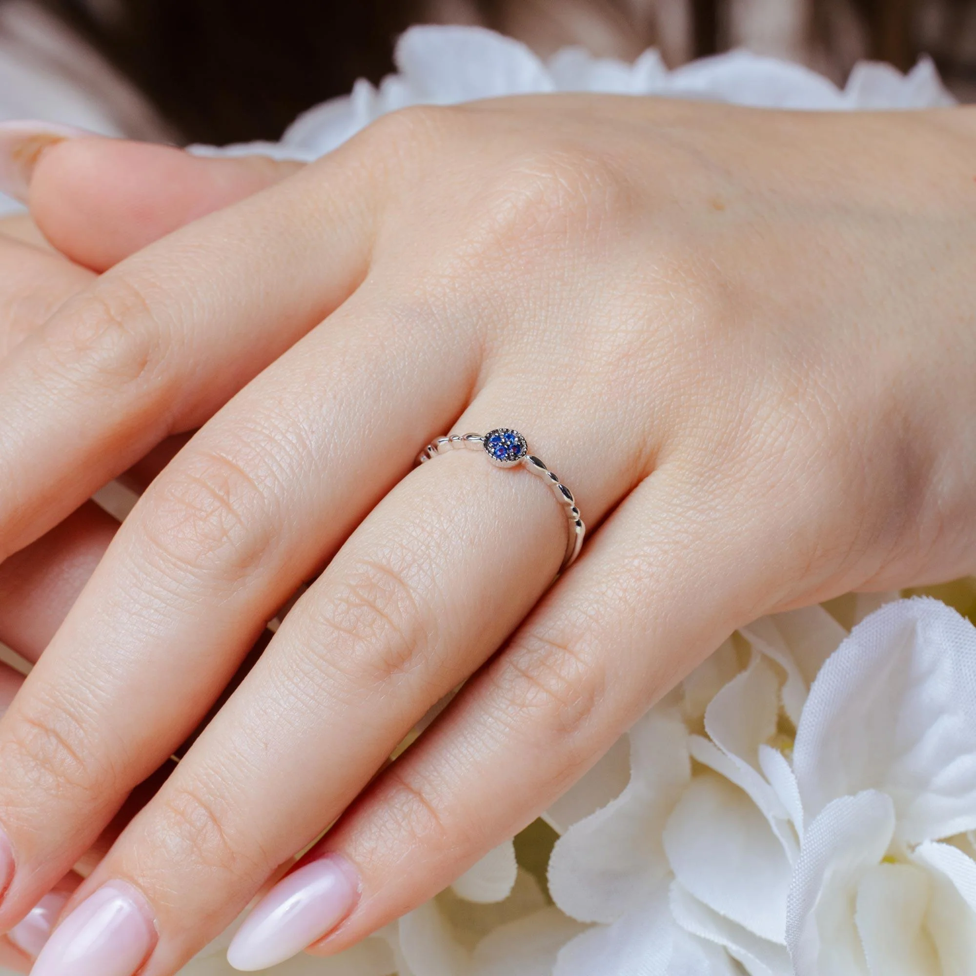 Rhodium Plated 925 Sterling Silver Round Shape 4 Blue CZ Ring - BGR01228BLU - Image 2