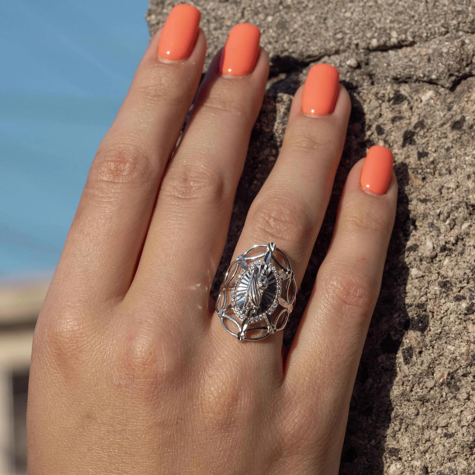 Rhodium Plated 925 Sterling Silver Saint Jude CZ Filigree Ring - GMR00339 - Image 2