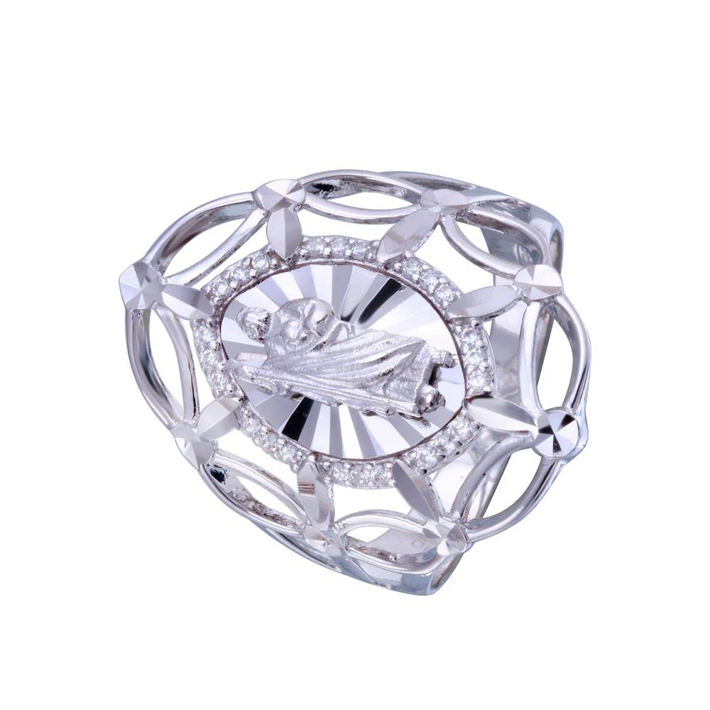 Rhodium Plated 925 Sterling Silver Saint Jude CZ Filigree Ring - GMR00339 - Image 3