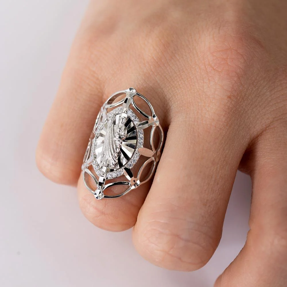 Rhodium Plated 925 Sterling Silver Saint Jude CZ Filigree Ring - GMR00339 - Image 5