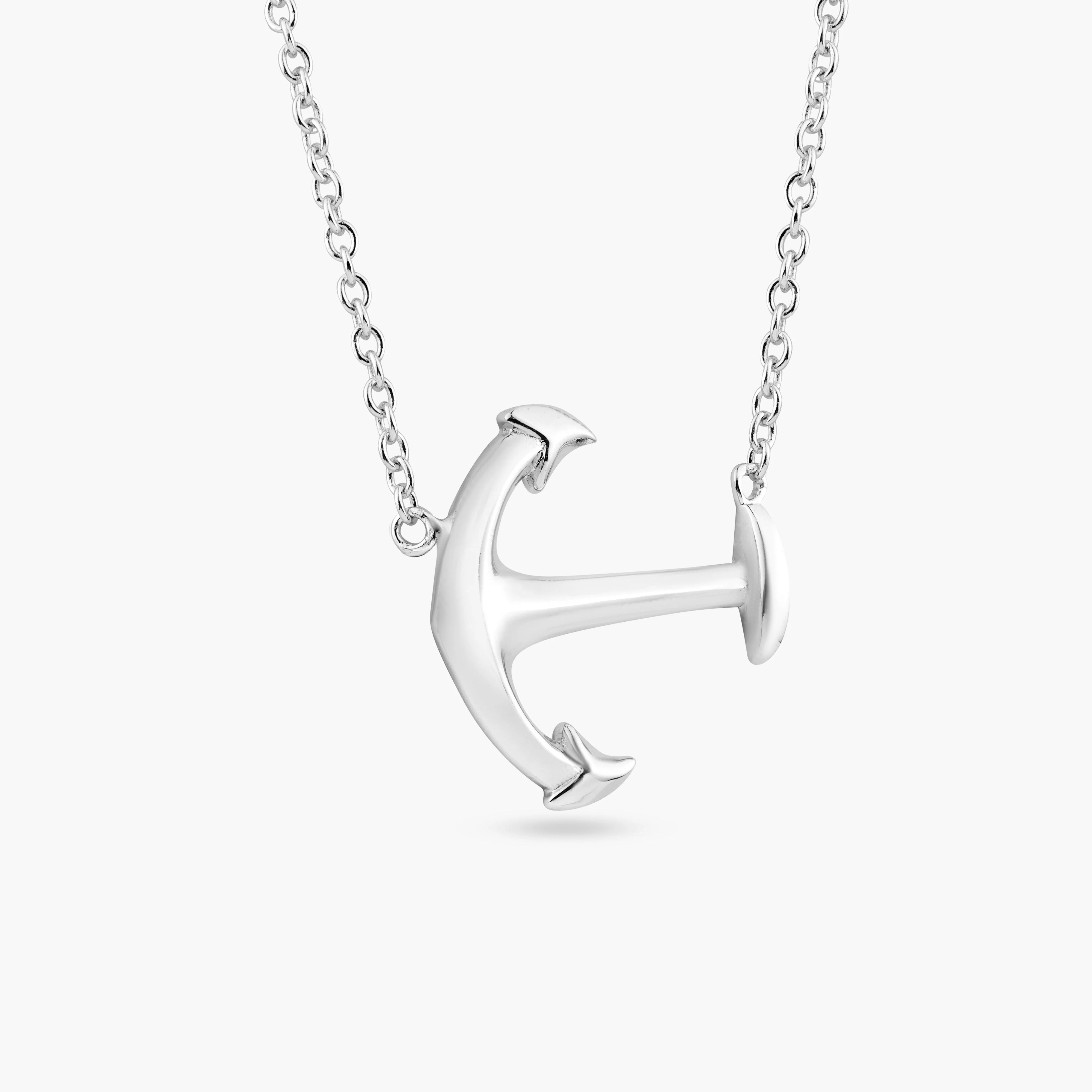 Silver 925 Rhodium Plated Solid Sideways Anchor Pendant Necklace - BGP00880 - Image 3