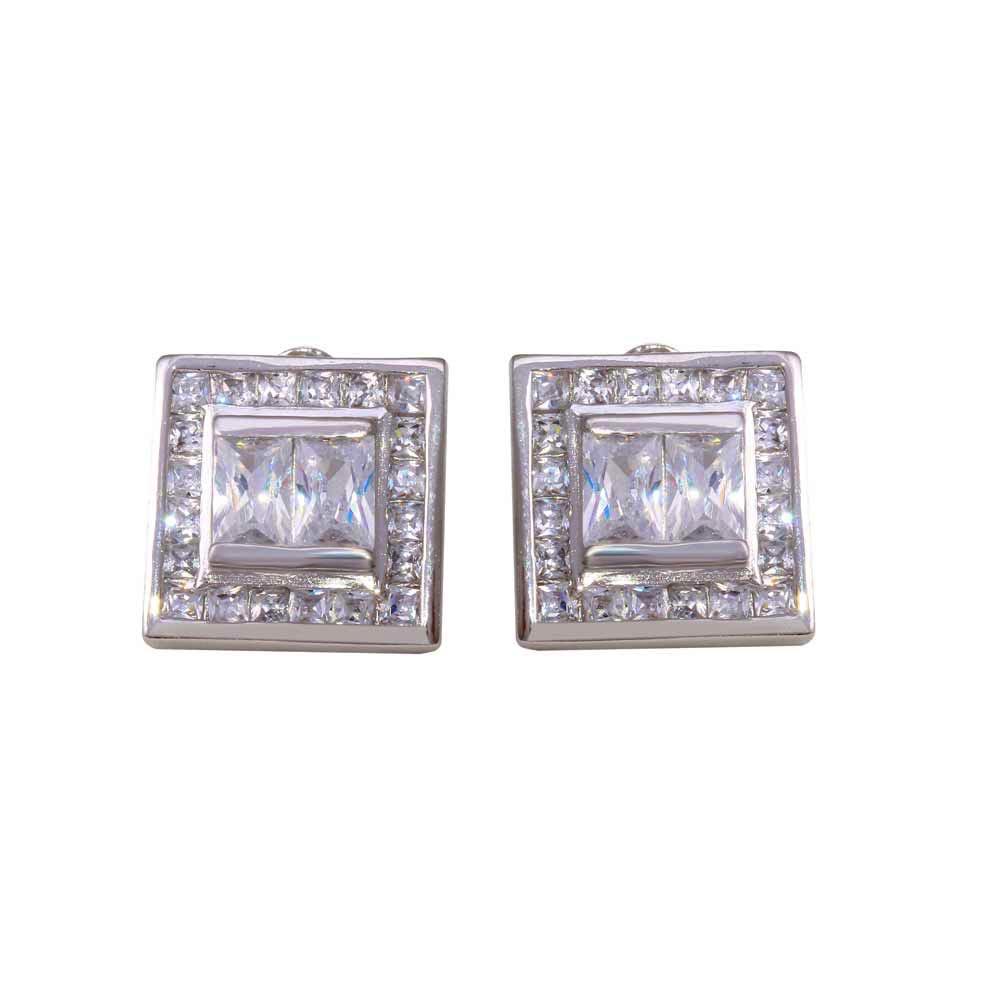 Clearance-Rhodium Plated 925 Sterling Silver Square Clear CZ Stud Earrings - STEM108 - Image 3