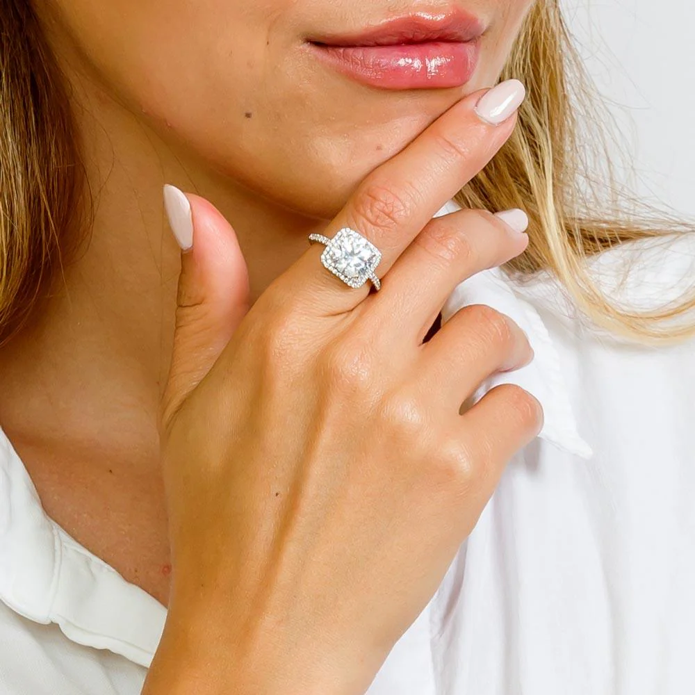 Silver 925 Rhodium Plated Square Halo Ring with Round CZ Center Stone - GMR00051 - Image 2