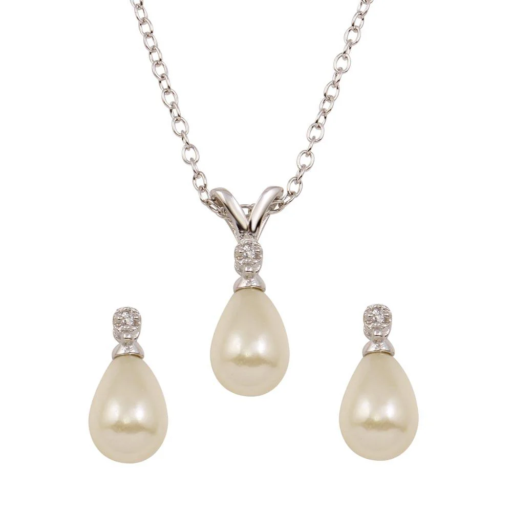 Rhodium Plated 925 Sterling Silver Tear Drop Pear Earrings and Necklace set with CZ - STS00450