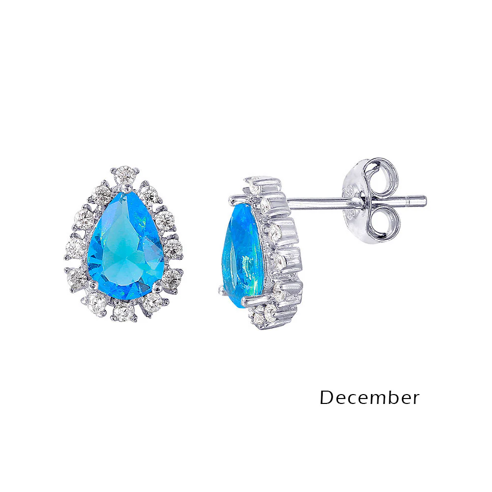 Rhodium Plated 925 Sterling Silver Teardrop Halo CZ Birthstone Earrings - STE01027 - Image 13