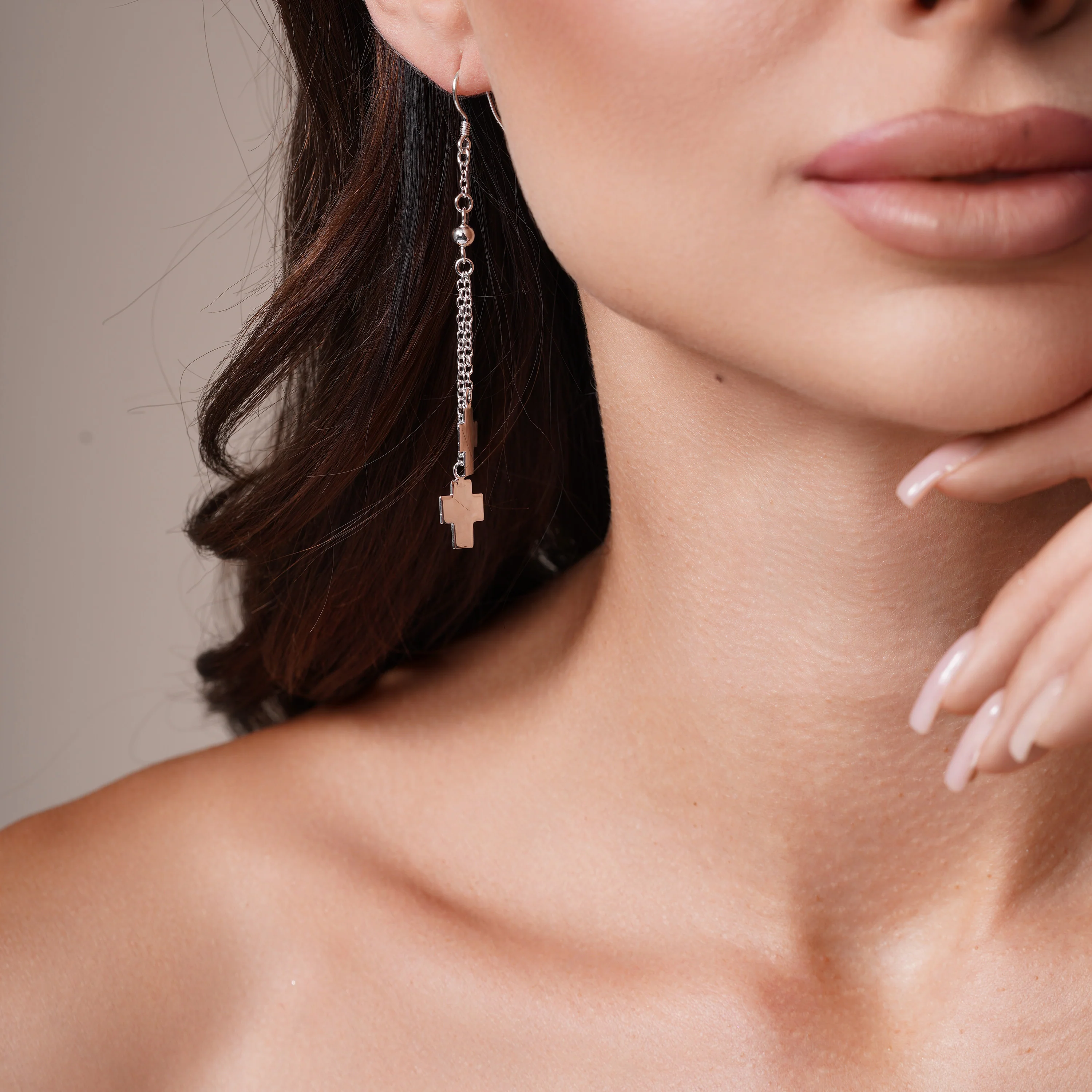 Silver 925 Rhodium Plated Two Cross Wire Dangling Hook Earrings - DSE00015 - Image 2
