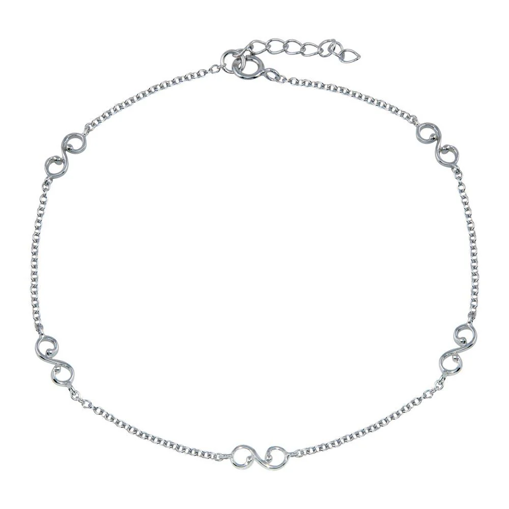 Rhodium Plated 925 Sterling Silver Wave Link Anklet - BGF00031