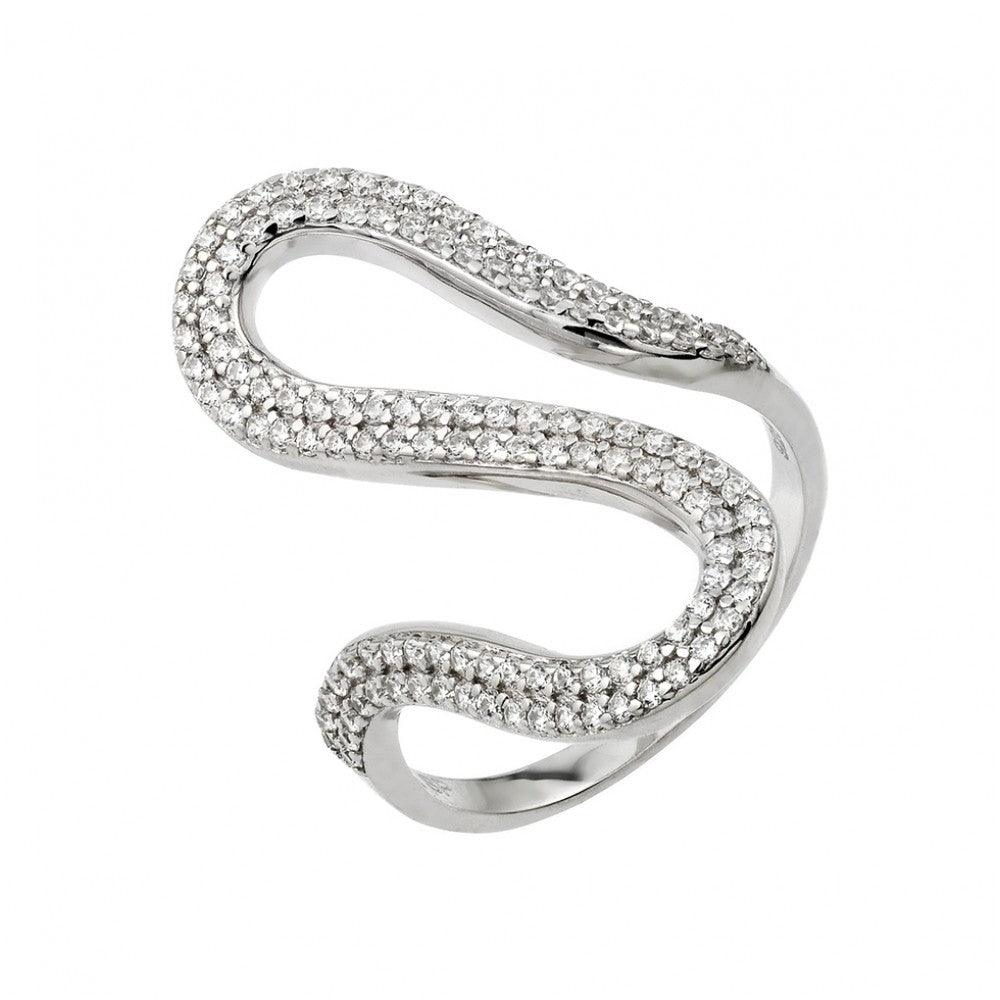 Silver 925 Rhodium Plated Wavy CZ Ring - GMR00030