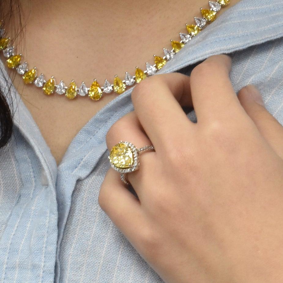 Silver 925 Rhodium Plated Yellow Center Clear Cluster CZ Ring - STR00386YEL - Image 3