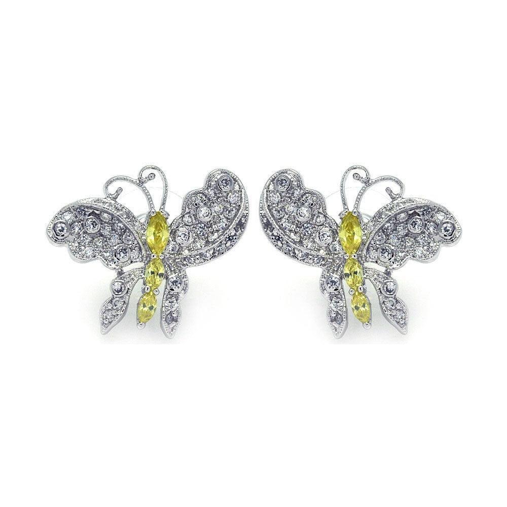 Clearance-Silver 925 Rhodium Plated Yellow CZ Butterfly Stud Earrings - BGE00132
