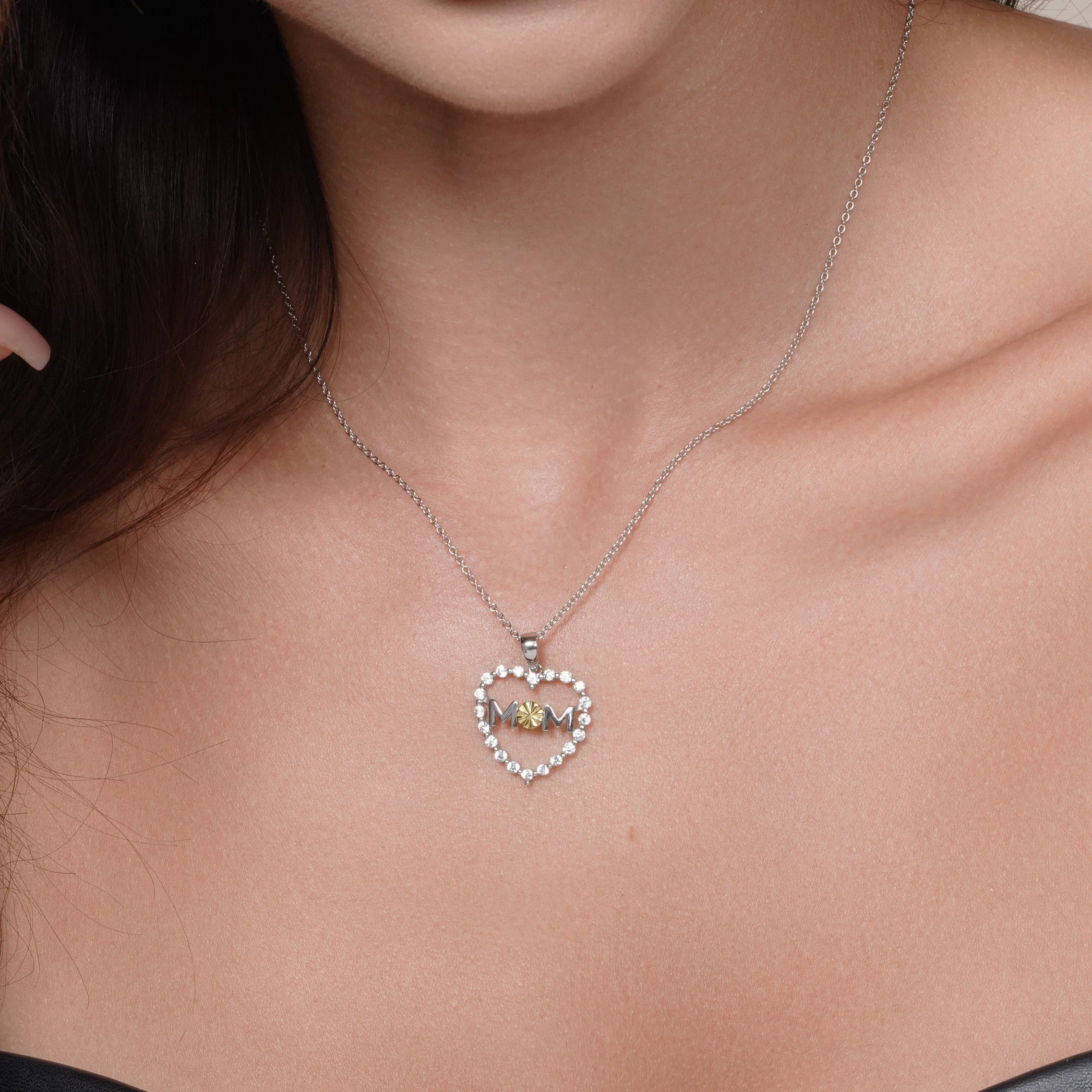 Silver 925 Rhodium & Gold Plated CZ Heart Mom Pendant Necklace - STP00504 - Image 2