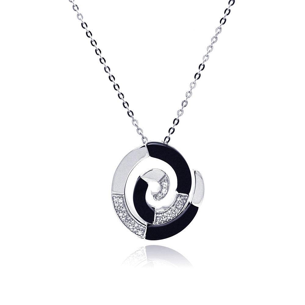 Clearance-Silver 925 Rhodium Spiral Black and Silver CZ Necklace - BGP00211