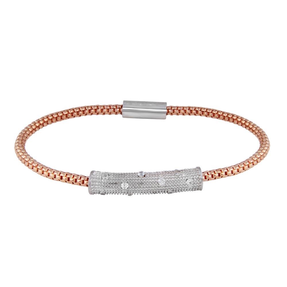 Clearance-Rose Gold Plated 925 Sterling Silver Bar CZ Magnetic Bracelet - SPB00004