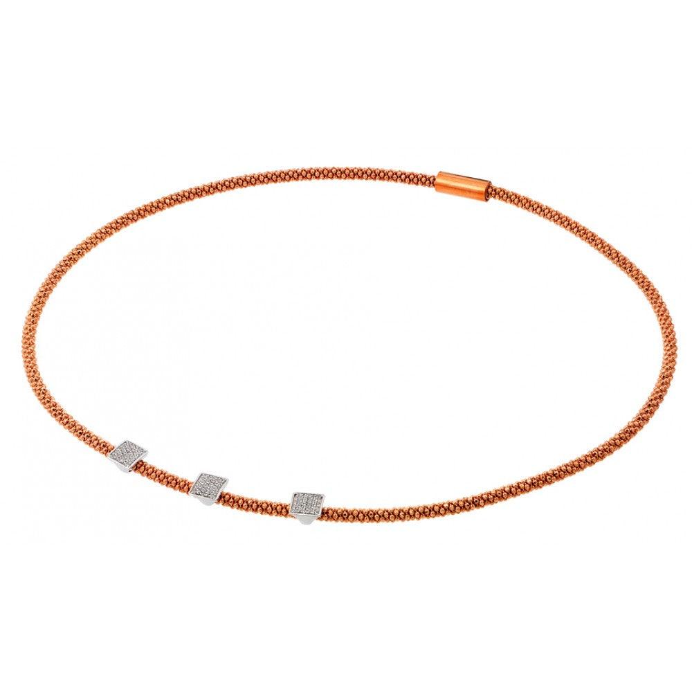 Clearance-Silver 925 Rose Gold Plated Three Small Square Micro Pave CZ Necklace - ITN00096RGP