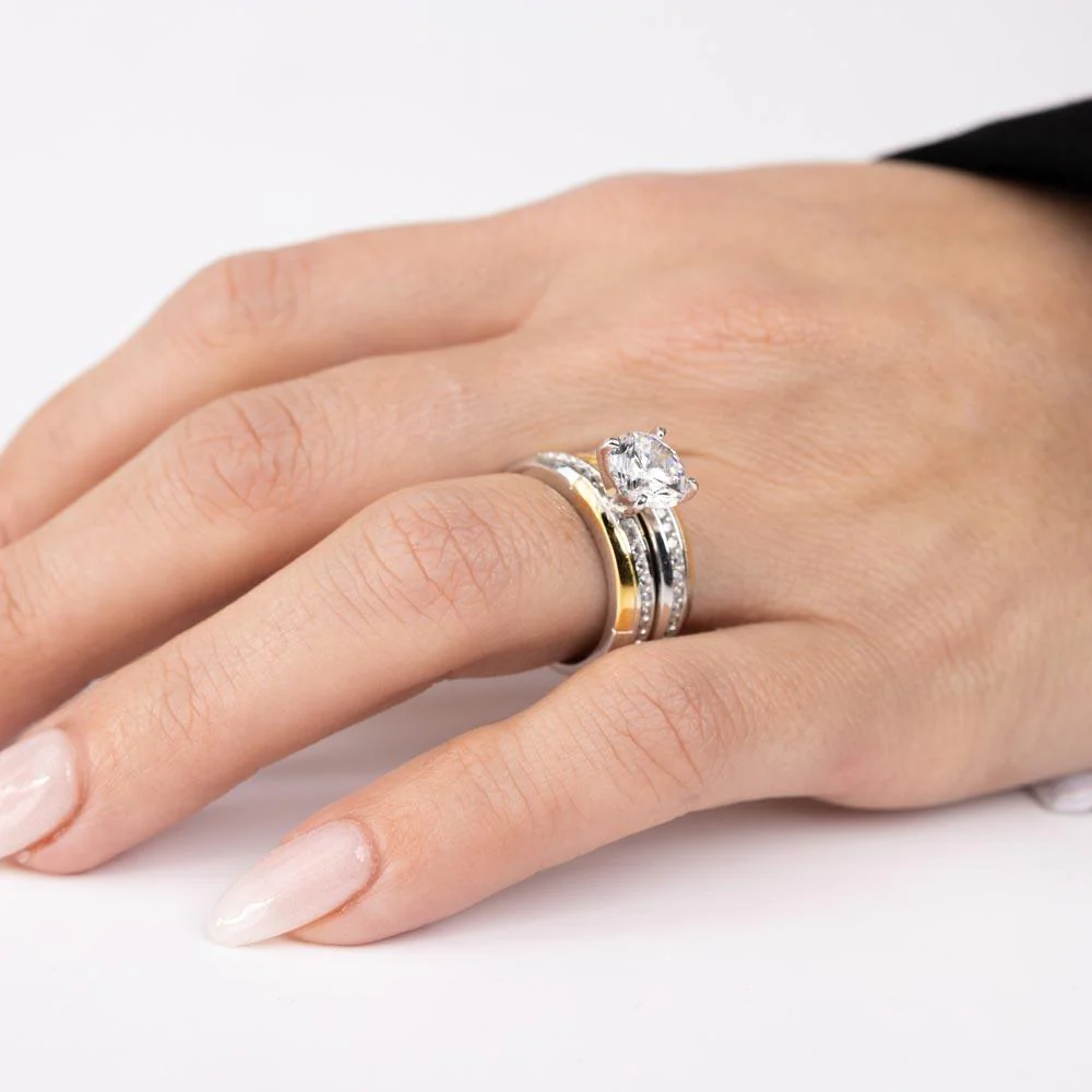 Two-Tone 925 Sterling Silver Gold and Rhodium Plated Stackable Double Rings with CZ - GMR00262RG - Image 2