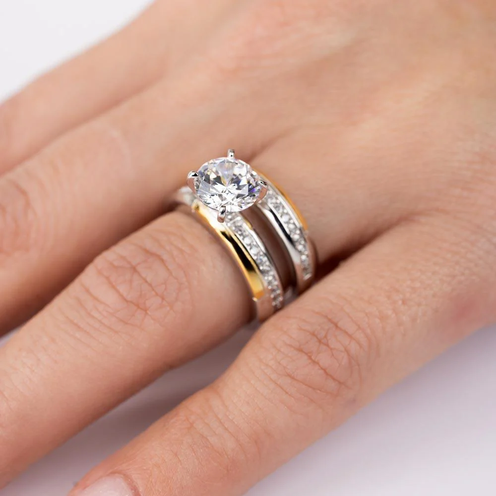 Two-Tone 925 Sterling Silver Gold and Rhodium Plated Stackable Double Rings with CZ - GMR00262RG - Image 3