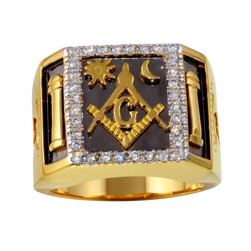 Clearance - Two-Tone 925 Sterling Silver Masonik Square Ring with CZ - GMR00235GR