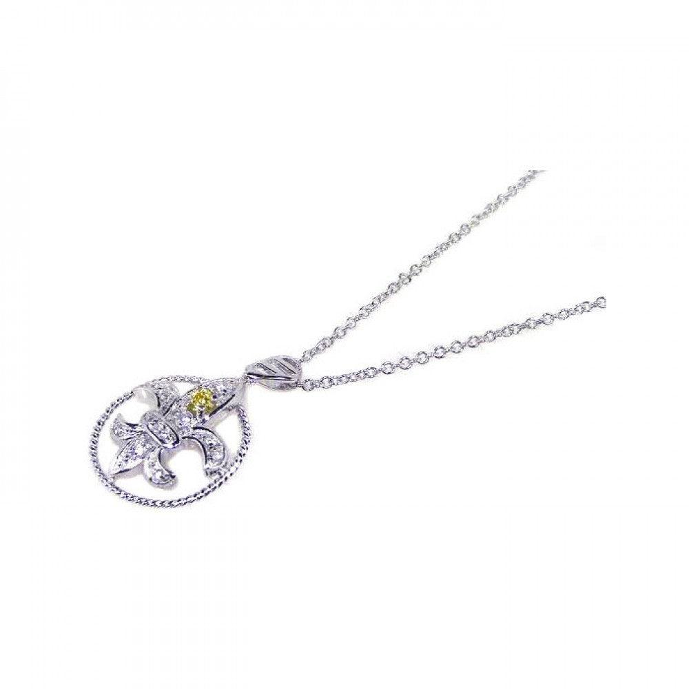Clearance-Silver 925 Yellow Clear CZ Rhodium Plated Fleur Di Lis Pendant Necklace - BGP00073