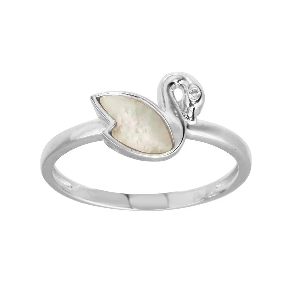 Rhodium Plated 925 Sterling Silver CZ Swan Synthetic Mother of Pearl Ring - GMR00308