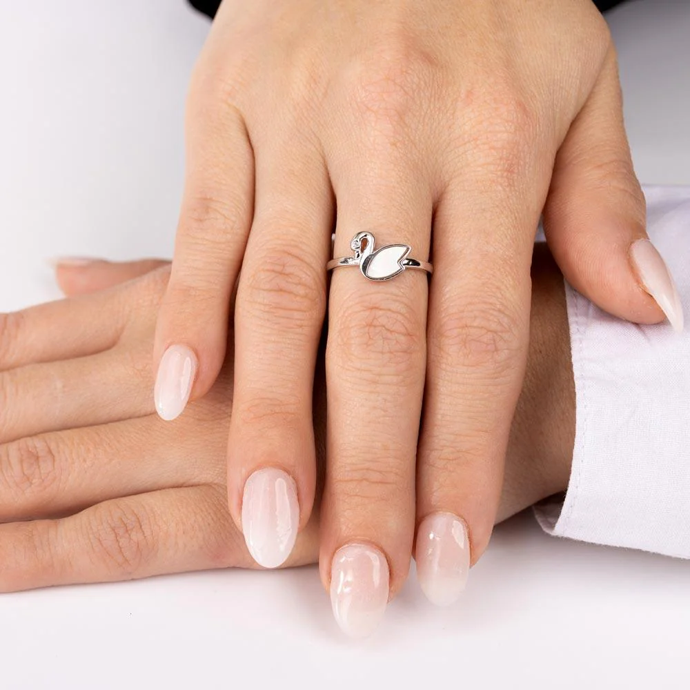 Rhodium Plated 925 Sterling Silver CZ Swan Synthetic Mother of Pearl Ring - GMR00308 - Image 2