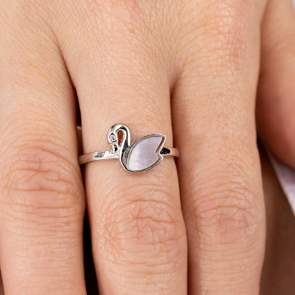 Rhodium Plated 925 Sterling Silver CZ Swan Synthetic Mother of Pearl Ring - GMR00308 - Image 3